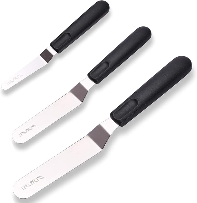 Cake Icing Spatulas with Non-Slip Handle 4 6 Inch Small Offset Palette Knife for icing smoother, Flat Pallet Knives for Baking or Frosting, Stainless Steel Cake Decorating Spatulas Angled Spatula