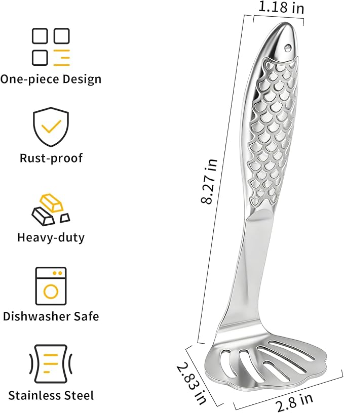 Fish-Shaped Potato Masher & Potato Smasher – Effortless Stainless Steel Potato Ricer with Ergonomic One-Piece Non-Slip Handle, Break-Resistant Masher Kitchen Tool for Potatoes, Avocados, Eggs & More