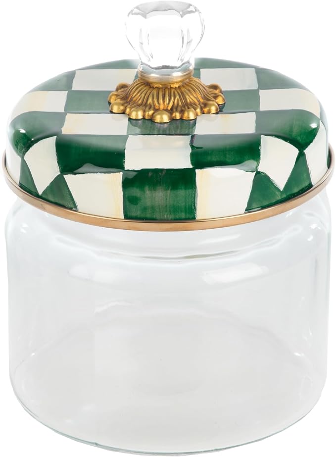 MACKENZIE-CHILDS Small Kitchen Canister, Decorative Glass Storage Jar with Lid, Green-and-White Emerald Check
