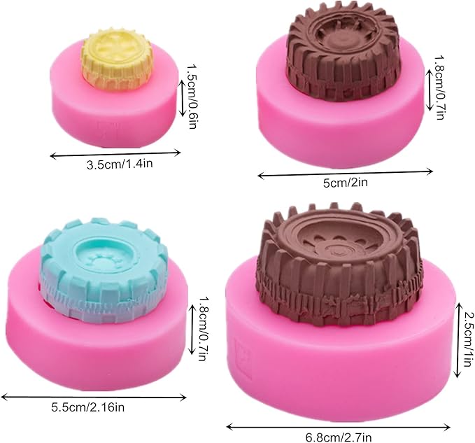 4Pcs 3D Round Tire Fondant Molds Truck Wheel Silicone Molds for Sugarcraft Cake Decoration, Biscuit Cookies, Chocolate, Candy, Polymer Clay, Soap, Jelly