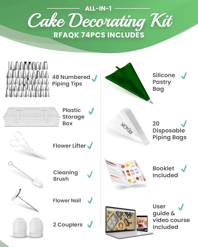 RFAQK 74 PCs Icing Piping Bags and Tips Set, Cake Decorating Kit with 48-Numbered Piping Tips, 20+1 Pastry Bags for Cookie Cupcake Cake Decoration, with Booklet and E-book (Green)
