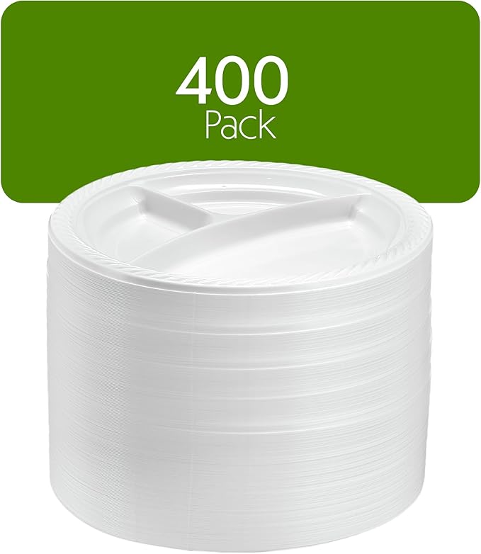 PLASTICPRO 9 inch Round Plastic Plates 3 Compartment - 3 Section Plates Microwaveable, Disposable, White, Dinnerware 400 Count