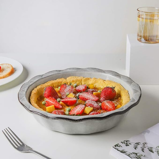 Ceramic Pie Pan, 9 Inches Pie Plate, Pie Dish for Dessert Kitchen, Round Baking Dish Pan for Dinner, Wrapping Upgrade, Reactive Glaze (Variable Grey)