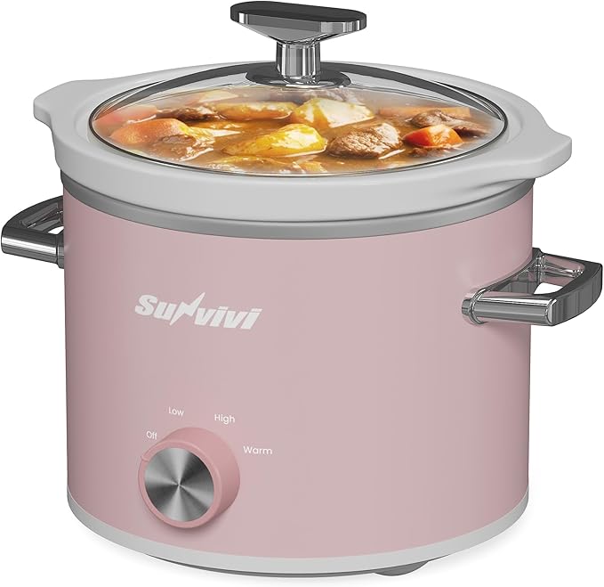 Sunvivi 2 Quart Slow Cooker, Small Slow Cooker with Removable Ceramic Pot, Food Warmer with 3 Heating Settings & Dishwasher Safe Glass Lid, Pink
