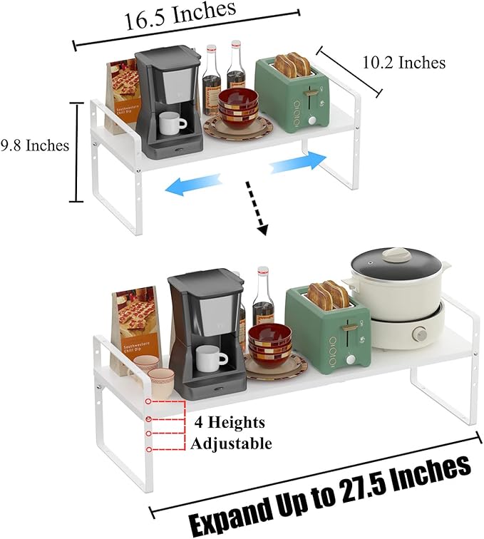 Expandable Kitchen Cabinet Shelf Organizers 3 Pack, Stackable Metal Pantry Storage Shelves Rack, Adjustable Counter Shelf for Cabinets, Countertop, Cupboard Organizers and Storage, White