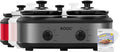 KOOC Double Small Slow Cooker, Buffet Server and Warmer, 2 Mini Pots with 3 Individual Adjustable Temp, Dual Ceramic Pots, Free Liners for Easy Clean-up, Stainless Steel, Total 2.5 Quart, Grey, Round