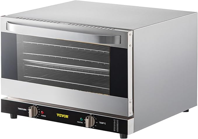 VEVOR Commercial Convection Oven, 47L/43Qt, Half-Size Conventional Oven Countertop, 1600W 4-Tier Toaster w/Front Glass Door, Electric Baking Oven w/Trays Wire Racks Clip Gloves, 120V