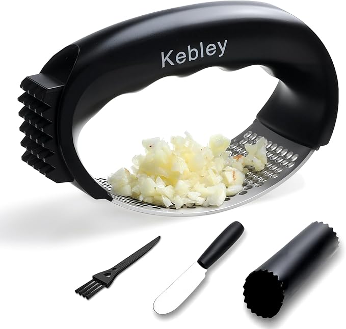 Garlic Press Rocker Stainless Steel Garlic Crusher, Mincer and Chopper with Peeler and Scraper,brush, Easy Kitchen Gadget for Effortless Smashing