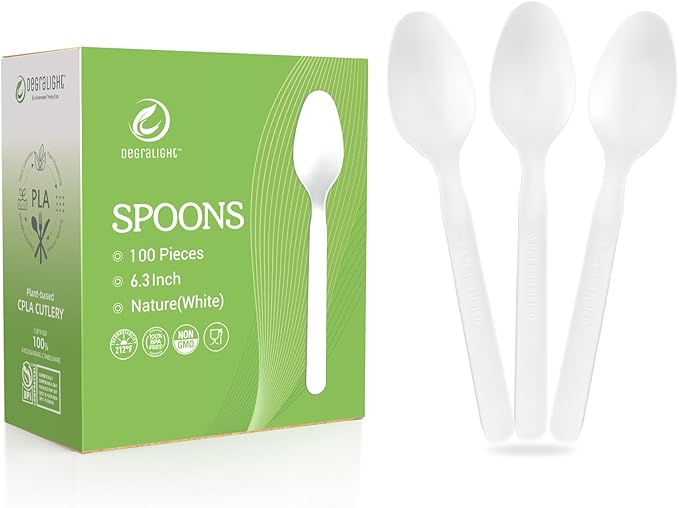 Compostable Spoons [100 Pcs] CPLA Spoons Disposable BPI Certified BPA-Free, Heat Resistant, Durable Disposable Utensils Alternative to Plastic Silverware for Daily, Party & Camping