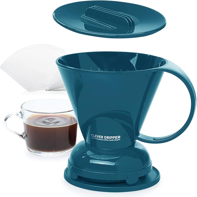 Clever Coffee Dripper and Filters, Large 18 oz| Barista's Choice| Safe BPA Free Plastic|Includes 100 Filters (Peacock Blue)