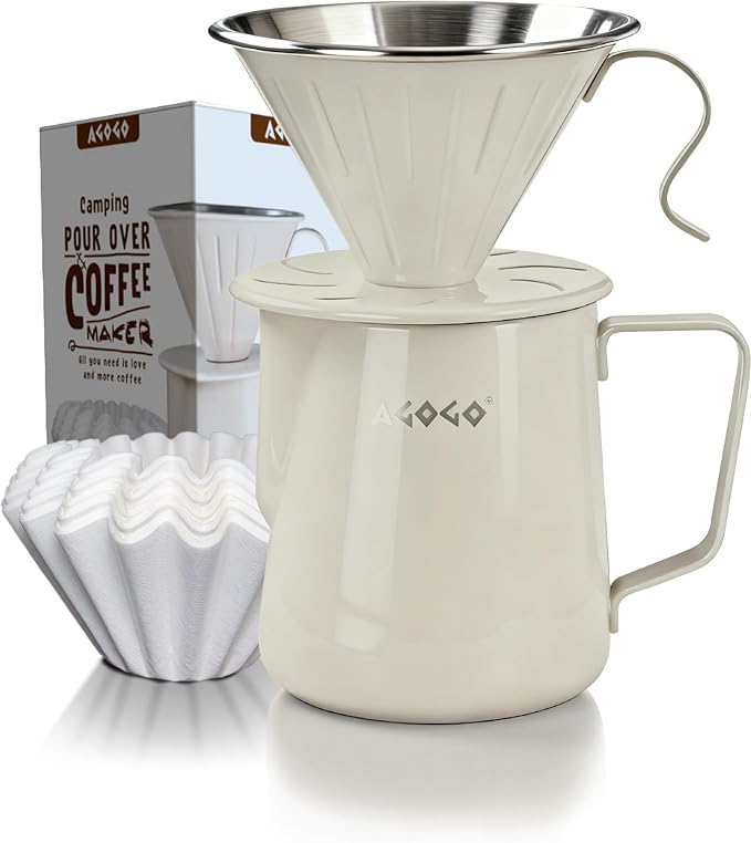 AGOGO Compact Portable Pour Over Coffee Maker Set - Easy Cleaning 304 Stainless Steel Dripper Set for Camping & 50 Filters Paper & Cleaning Rag (Cream, 600ml)