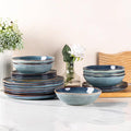 AmorArc Ceramic Dinnerware Sets,Handmade Reactive Glaze Stoneware Plates and Bowls Set,Highly Scratch Resistant | Dishwasher & Microwave Safe,Service for 4 Dishes Set - Reactive Blue(12pc)