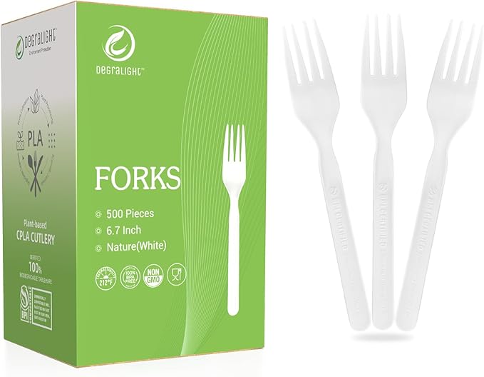 Compostable Froks - 500Pcs Heavy Duty Forks Disposable Utensils, BPA-Free, Heat Resistant, Eco Friendly Disposable Forks Bulk, BPI Certified Disposable Cutlery for Party, Office & Picnic