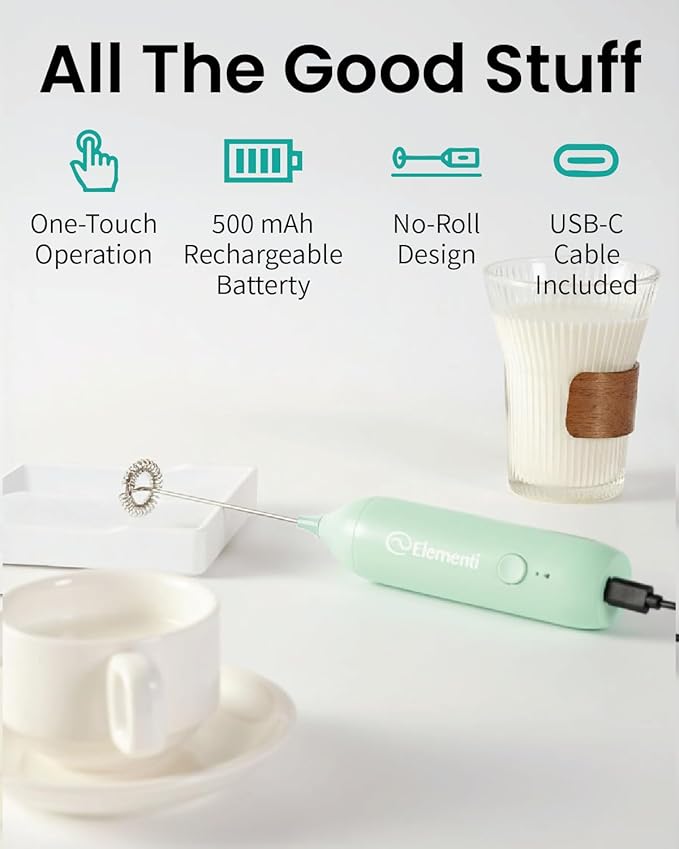 Elementi Rechargeable Milk Frother Wand & Drink Mixer Handheld - Powerful USB-C Rechargeable Frother - Hand Held Milk Foamer Whisk to Make Perfect Cappuccinos, Lattes & Drink Mixes (Mint Green)