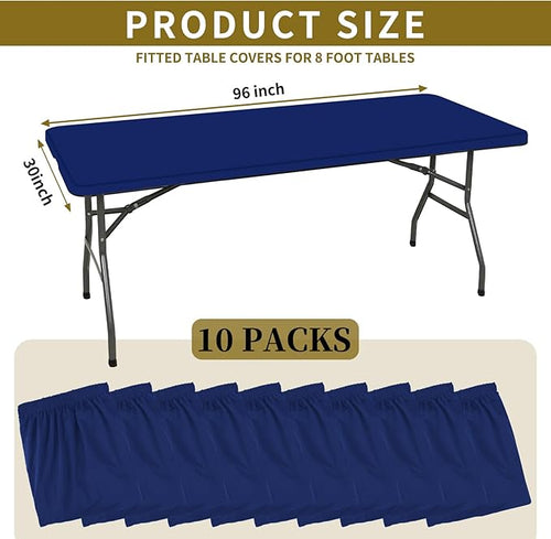 10 Pack Stretch Fabric Table Top Cap Cover, fits 8' Tables, Spandex Table Covers Washable Elastic Rectangle Tablecloth Protector for Indoor Outdoor Party Picnic Wedding, Navy Blue, 30" W x 96" L
