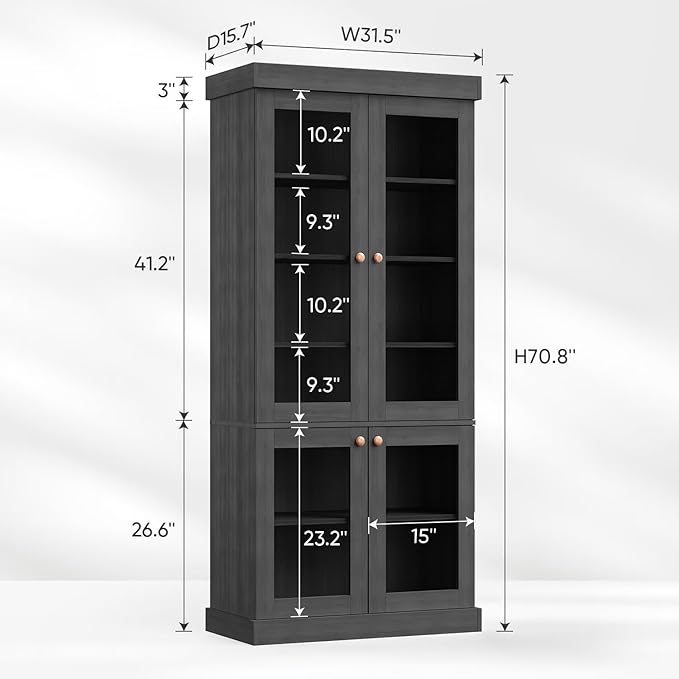 70.8" Bookshelf with Glass Doors, Farmhouse Modular Bookcase with 6-Tier Adjustable Shelves, Large Storage Cabinet for Living Room & Home Office, Set of 4, Black