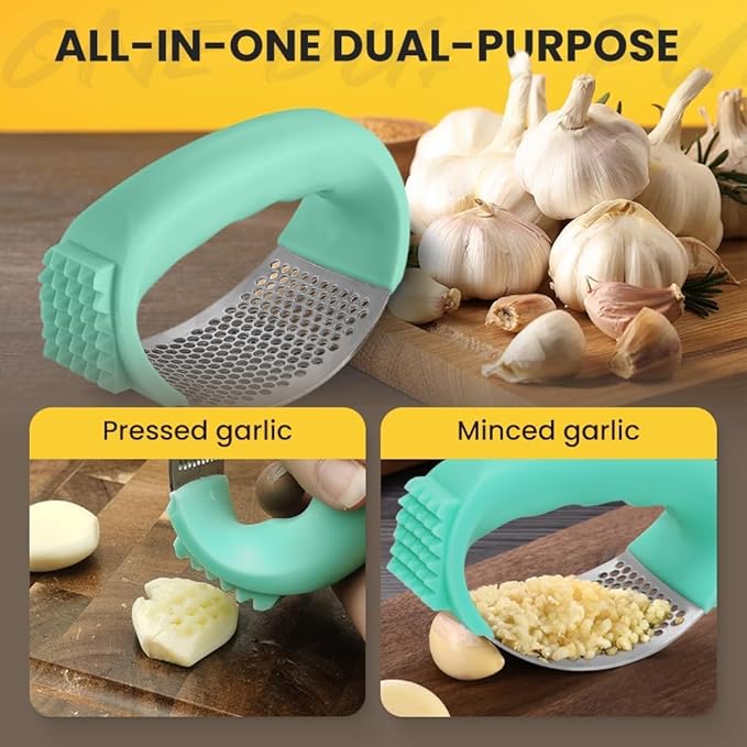 Garlic Press Rocker Stainless Steel, Garlic Crusher with Peeler & Cleaning Brush, Easy to Use Garlic Mincer for Kitchen Cooking, Ergonomic Garlic Chopper Tool, Durable Garlic Presser Gadget (Green)