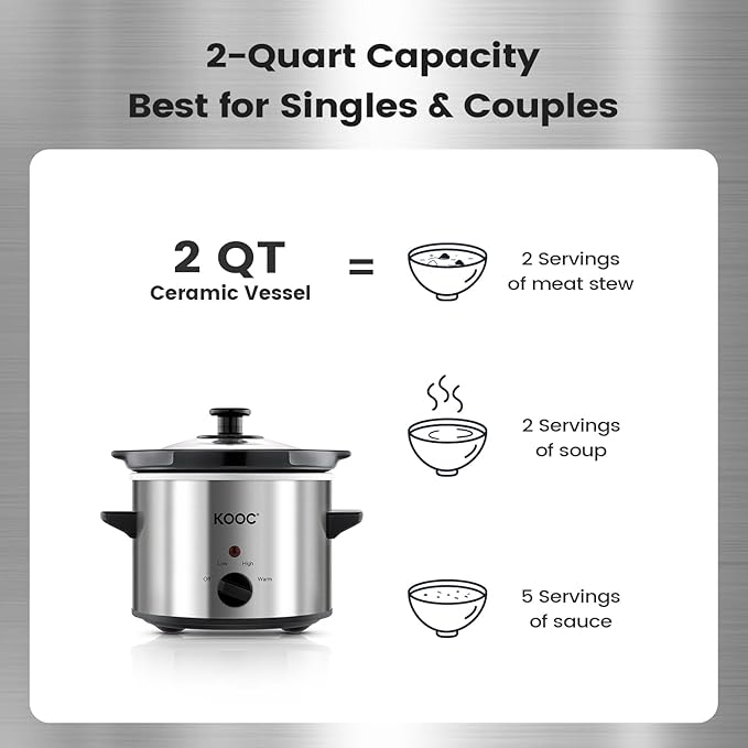 KOOC Small Slow Cooker, 2 Quart, Free Liners Included for Easy Clean-up, Upgraded Ceramic Crock, Adjustable Temp, Nutrient Loss Reduction, Stainless Steel, Silver, Round
