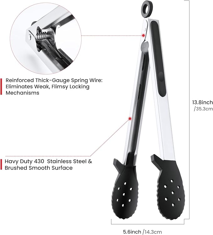 12 Inch Kitchen Tongs for Cooking, 600ºF Heat Resistant Silicone Cooking Tongs with Silicone Tip & Integrated Tool Rests for Tossing Salad, Serving Food, Grilling, Non-Stick & Dishwasher Safe (Black)