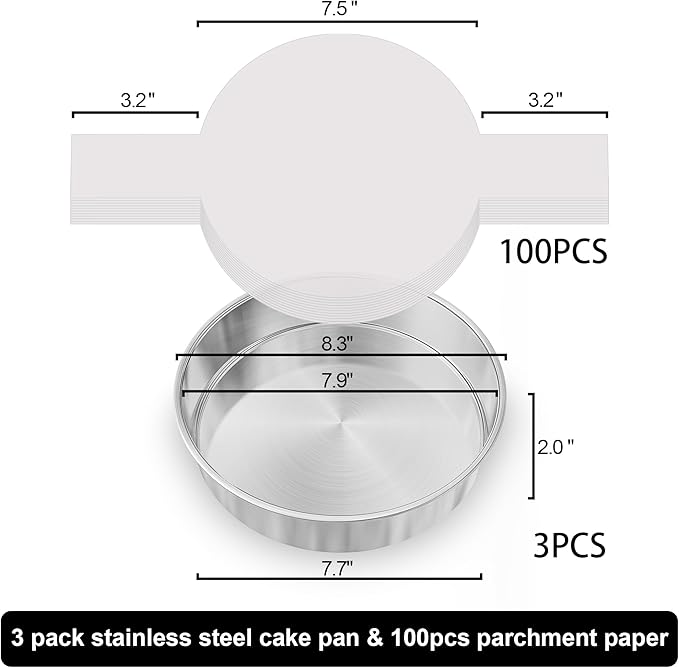 8 Inch Round Cake Pans Set of 3, Nonstick Stainless Steel Baking Pans Set with 100PCS Parchment Papers, Durable Birthday Christmas Circle Layer Cake Pans, Cake Pans Sets for Baking, Dishwasher Safe