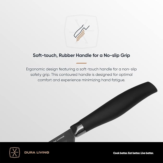 DURA LIVING Santoku Knife - 7 Inch Black Nonstick Titanium Plated Stainless Steel Ultra Sharp Blade, With Ergonomic Comfort Grip Handle Asian Chef's Knife, With Matching Sheath