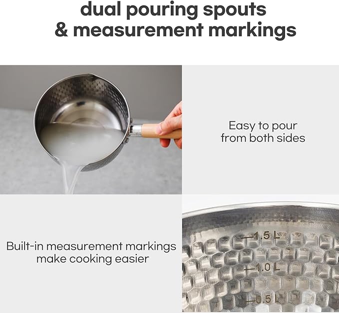 2 Quart Stainless Steel Pot With Glass Lid. Traditional Japanese Saucepan Wth Wood Handle, Multipurpose Sauce Pan With Two Side Pour Spouts & Measurement Line, Great for Ramen, Milk etc.