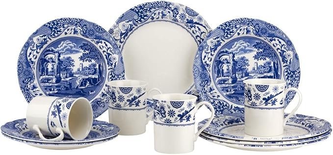 Spode Blue Italian Brocato 12 Piece Dinnerware Set - Service for 4 with Earthenware Dinner Plates, Salad Plates, Mugs - Dishwasher & Microwave Safe Oriental Inspired Tableware