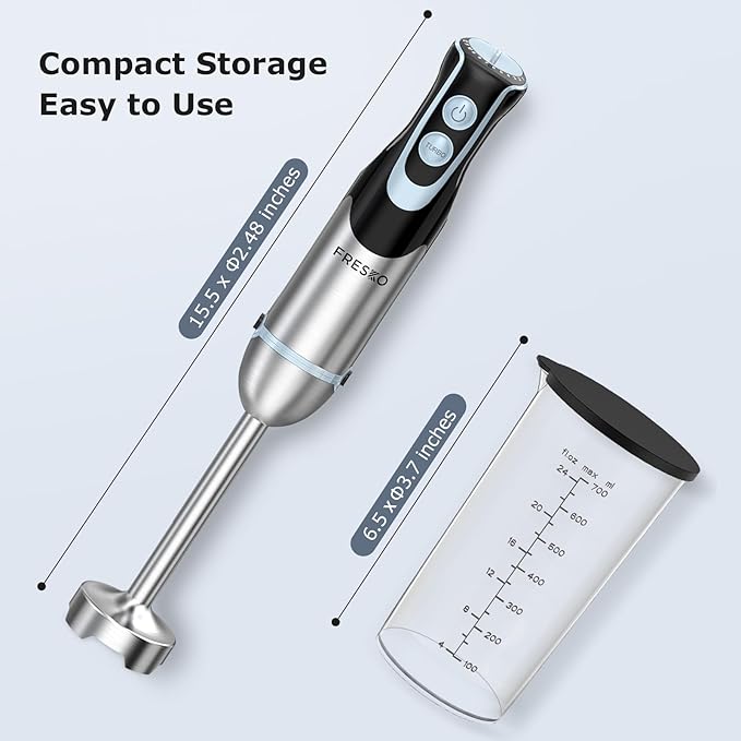 FRESKO Immersion Handheld Blender 500W with 700ml Beaker, 12-Speed & Turbo Mode Hand Blender Stick, 304 Stainless Steel Blades for Soup, Smoothie, Puree, Baby Food