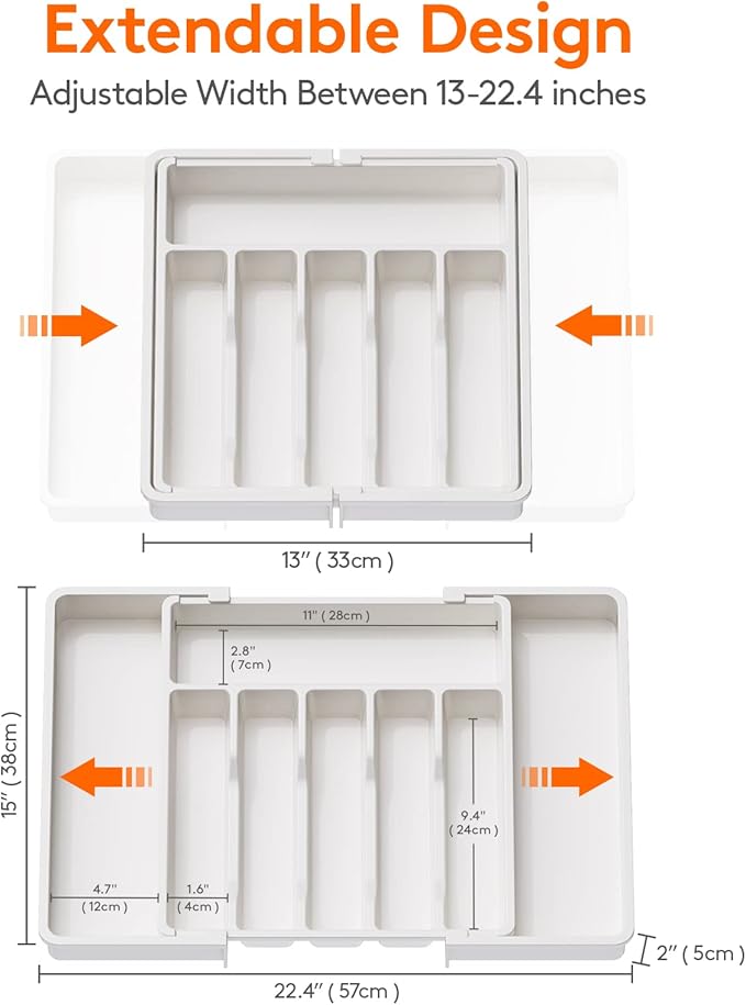 Lifewit Silverware Drawer Organizer, Expandable Utensil Tray for Kitchen, BPA Free Flatware and Cutlery Holder, Adjustable Plastic Storage for Spoons Forks Knives, Large, White