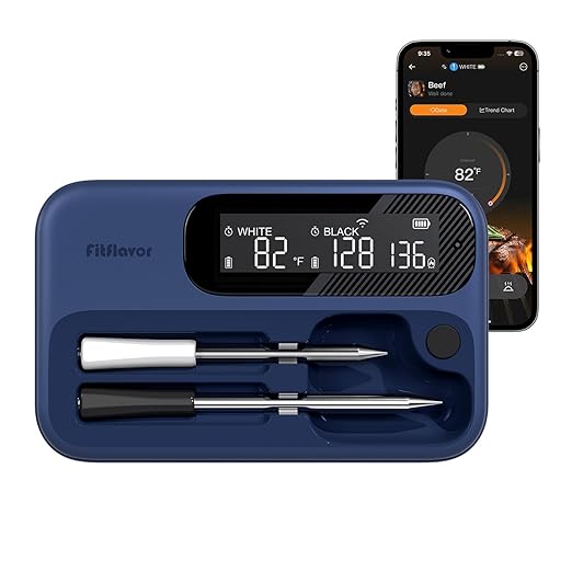 Wireless Meat Thermometer Dual Probes for Smoker, Fitflavor 5G WiFi Meat Thermometer Bluetooth for Grill BBQ, Smart Meat Probe for Food Cook Oven Grilling Rechargeable