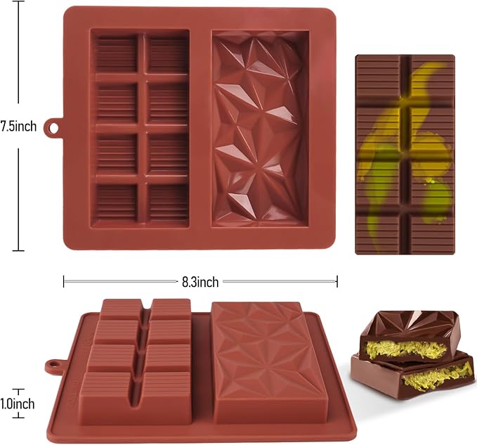 Deep Chocolate Bar Mold Silicone 1 Inch Dubai Pistachio Chocolate Bar Thick Mold for Stuffed Bar, Large Candy Bar Mould for Filling, Red