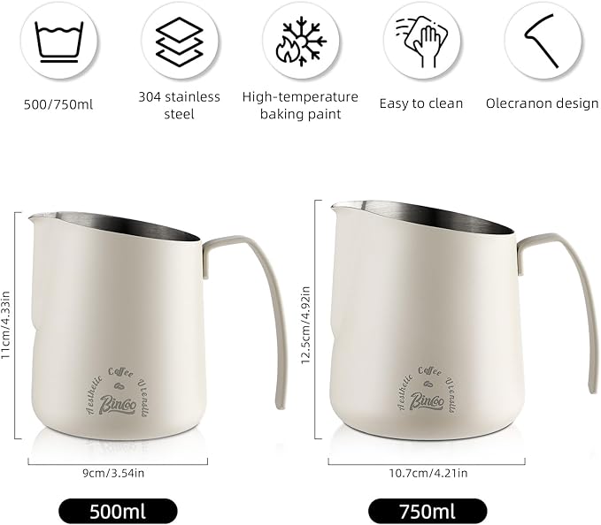 Milk Frothing Pitcher 500ML - Espresso Steaming Pitcher with Large Handle and Scale,Stainless Steel Milk Frothing Cup for Cappuccino, Latte Art,Coffee Machine Accessories (White)