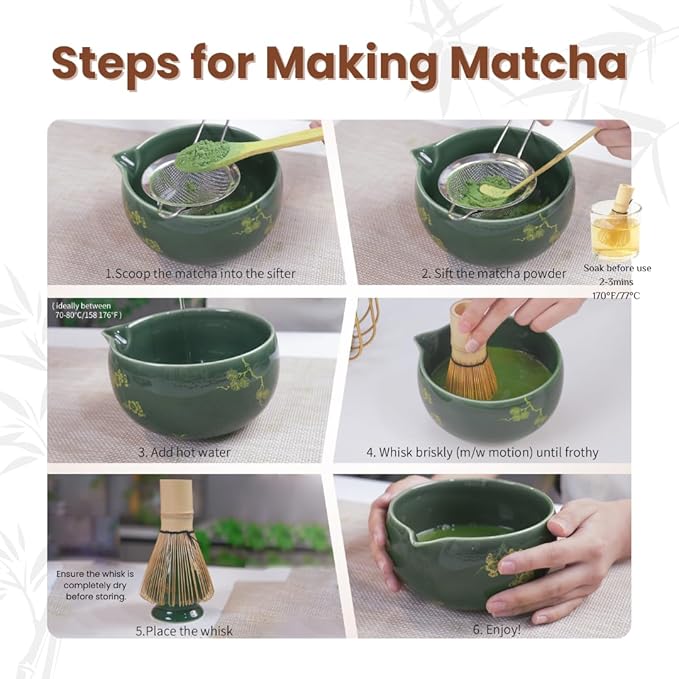 Matcha Whisk Set, Ceramic Bowl with Spout, Matcha Whisk & Holder, Bamboo Scoop & Spoon, Scoop Rest, Sifter, Towel, 8 Pcs Complete Kit for Tea Ceremony, Gift for Friend/Family(Green)