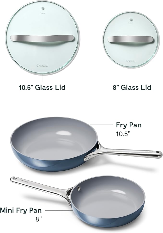 Caraway Ceramic Fry Pan Duo with Glass Lids - Non-Stick Frying Pans (10.5” & 8”) - Non Toxic, PTFE & PFOA Free - Oven Safe & Compatible with All Stovetops – Navy