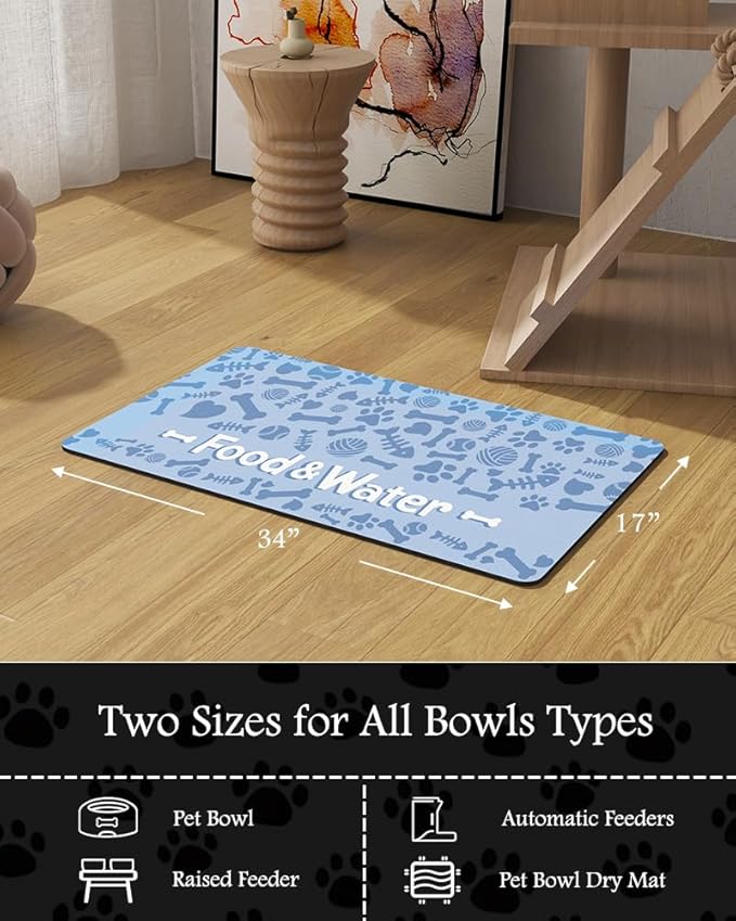 Pet Feeding Mat-Absorbent Dog Mat for Food and Water Bowl-No Stains Quick Dry Water Dispenser Mat-Dog Accessories Pet Supplies-Bowl for Messy Drinkers（Bone,17"x34"