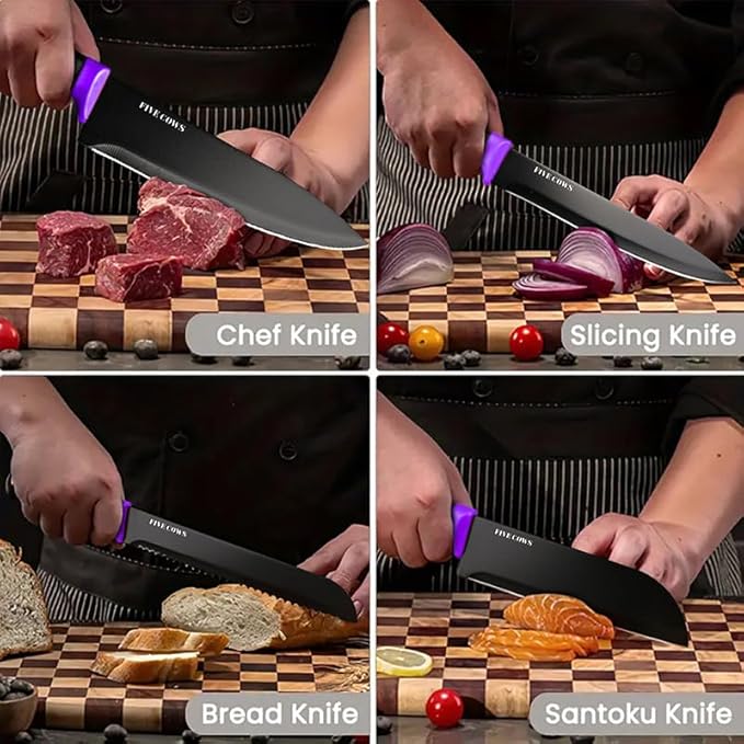 14 Pcs Kitchen Knife Block Set with Sharpener German High Carbon Stainless Steel Chef Knives, Razor-Sharp & Durable, Lightweight Anti-Slip Handle, Professional Set for Home & Kitchen (Purple)
