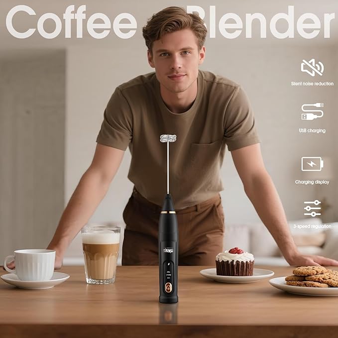 DSP Milk Frother Handheld Rechargeable, Frother for Coffee, Drink Mixer with 3 Speeds 10200RPM, Kitchen Powerful Frother Wand, Suitable for Stirring Eggs, Milk, Juice, Milk Powder (Jet Black)