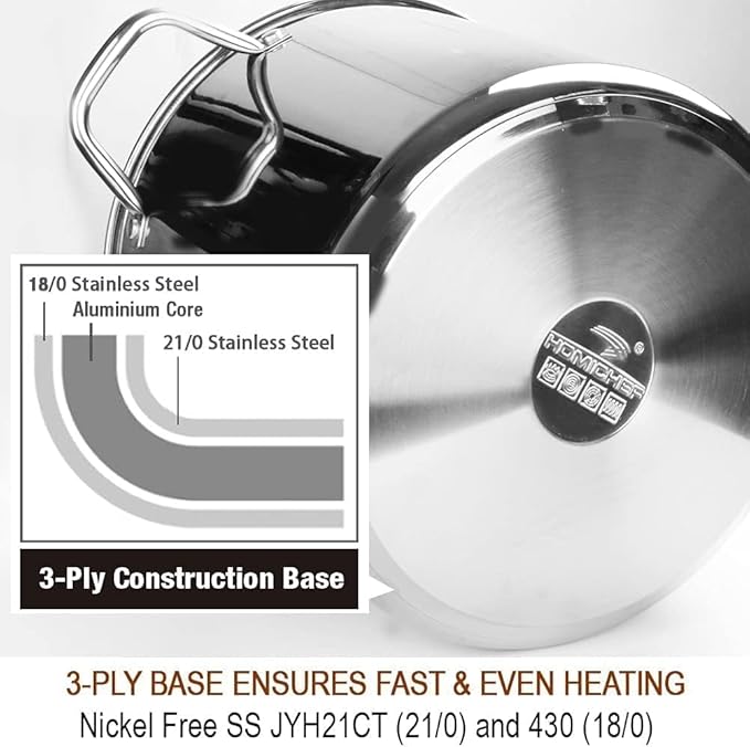 HOMICHEF Commercial Grade LARGE STOCK POT 20 Quart With Lid - Nickel Free Stainless Steel Cookware - Healthy Polished Stockpots - Heavy Duty Induction Soup Pot