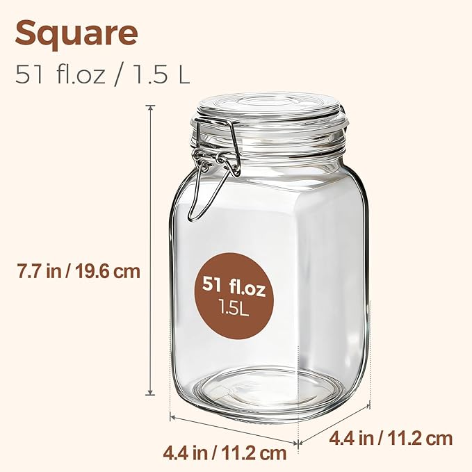 ComSaf Airtight Glass Canister Set of 3 with Lids 50oz Clear Food Storage Jars Square, Kitchen & Pantry Organization Food Storage Container for Canning, Sugar, Flour, Pasta, Candy, Cereal, Coffee