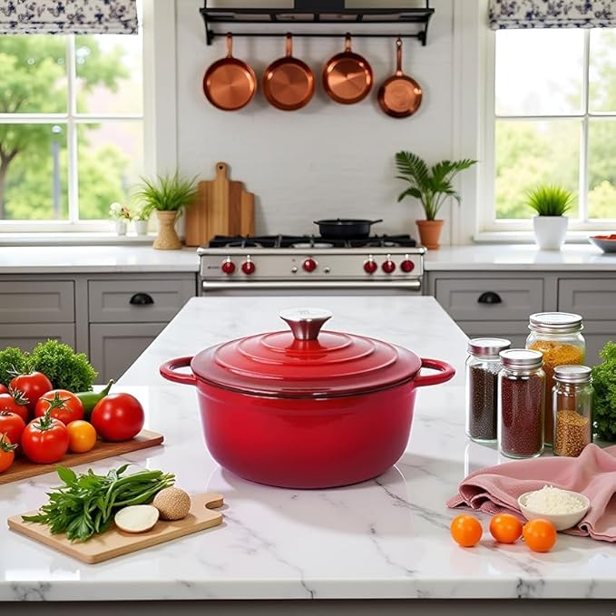 Trustmade 3 QT Cast Iron Dutch Oven, Enamel Coated Cookware Pot with Self Basting Lid for Home Baking, Braiser, Cooking, Red