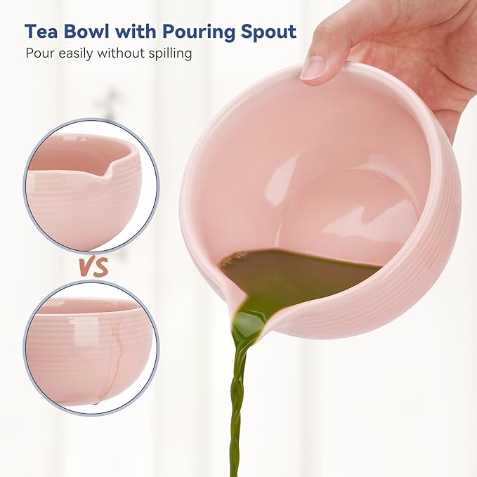 10-Pcs Matcha Kit Set, Whisk and Bowl with Spout & Measuring Spoon, Japanese Matcha Tea Making Tools, Light Pink