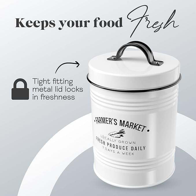 Amici Home Farmers Market Metal Canister | Dry Food Storage Container | Airtight Lid | 76 Ounce Capacity | Farmhouse Décor | Metal Canister for Kitchen Countertop