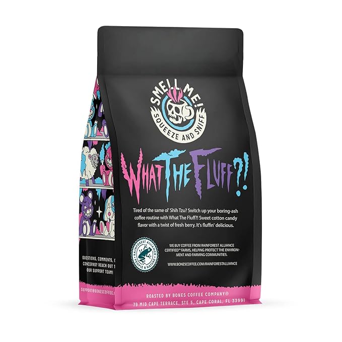 Bones Coffee Company What the Fluff?! Berry Cotton Candy Flavored Coffee, Medium Roast Low Acid Arabica Beans Compatible with Auto drip and French Press Coffee Maker, 12 Oz Whole Bean