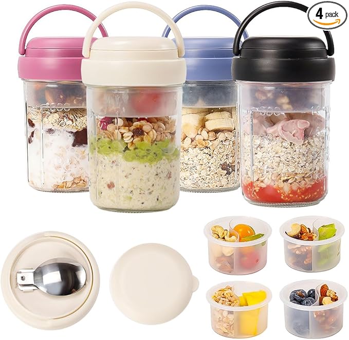 4 Pack Overnight Oats Containers with Lids and Handles, Folding Spoons & Divided Compartments for Fruit & Nuts, 16oz Glass Mason Jars for Oatmeal, Meal Prep & Breakfast (Black/Deep-Blue/Cream/Purple)