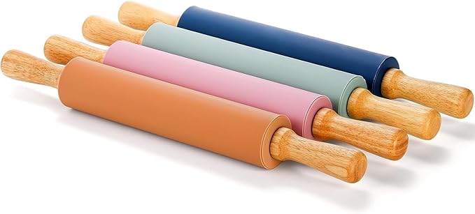 Yopay 4 Pack Silicone Rolling Pin for Baking, Non Stick Large 17 Inch Roller with Wood Handle for Tortillas Dough, Pizza, Pie, Pastries, Pasta, Cookies, Good Grips, Easy to Wash