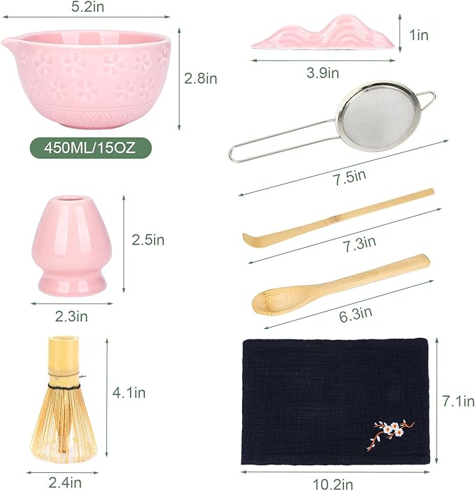 Matcha Whisk Set Pink, 8Pcs Matcha Set Kit include Matcha Bowl, Matcha Whisk and Holder, Bamboo Scoop, Scoop Rest, Sifter and Tea Towel, Matcha Whisk and Bowl Set for Matcha Lovers and Beginers