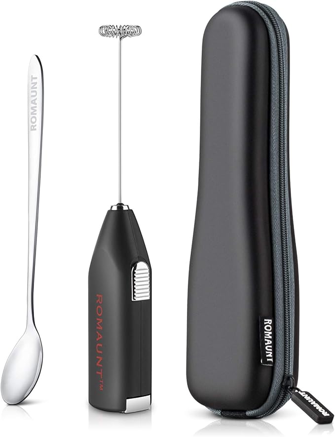 Electric Milk Frother Drink Mixer ROMAUNT Handheld Electric Battery Operated Frother Coffee Stainless Steel Foam Maker Perfect for Espresso, Latte, Cappuccino with Bonus Protective Case, Mix Spoon