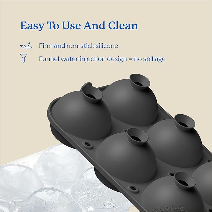 Samuelworld Large Ice Ball Maker with Lid, 6 x 2.5 Inch Ice Balls - Food Grade, Easy To Fill Round Silicone Ice Tray, Perfect Spheres Craft Ice Maker for Whiskey, Cocktails, Gifting - Grey