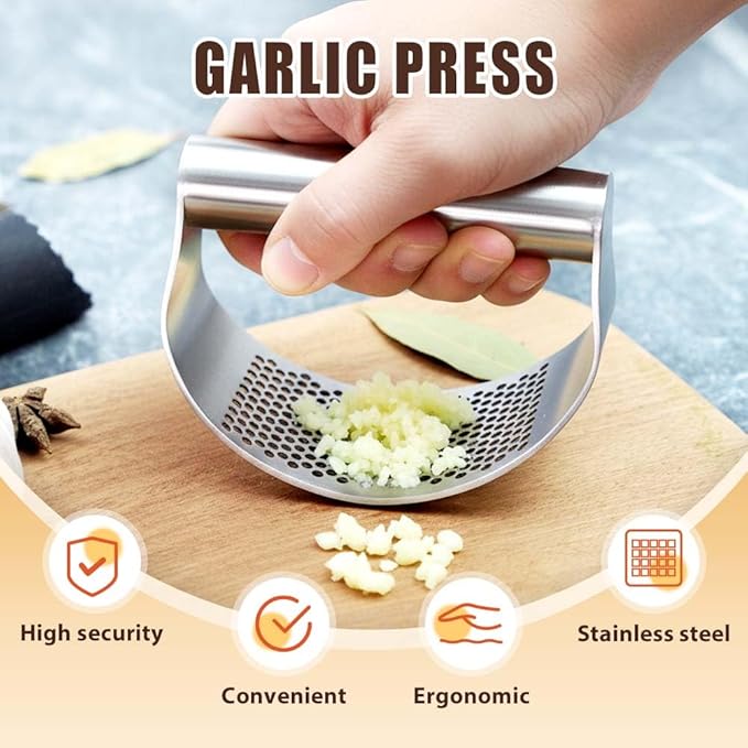 Stainless Steel Garlic Press, 2026 Upgrade Garlic Press Rocker Heavy Duty Stainless Steel Garlic Mincer, Heavy Garlic Chopper with Peeler And Cleaning Brush (No Corkscrew)