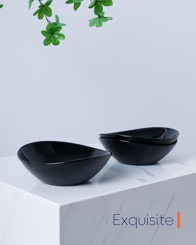 12 OZ Bowl Set of 6, Opal Glass 6 inch Oval Small Ice Cream Bowls for Breakfast Snack Dessert, Side Dishes, Fruit Kitchen, Microwave & Dishwasher Safe, Black